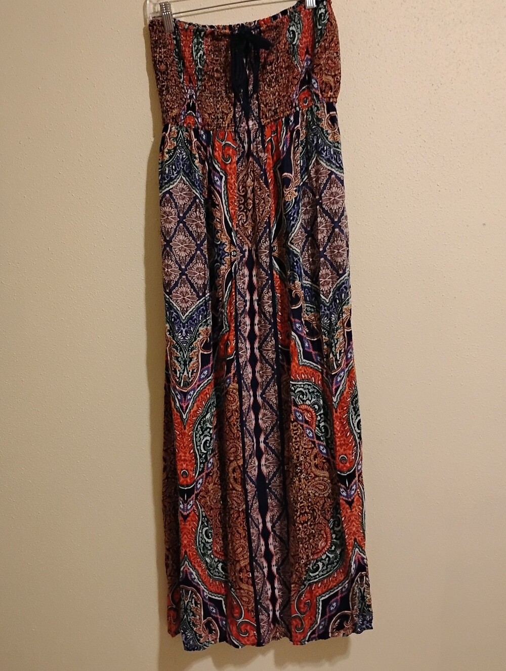 Bohemian Strapless Maxi Dress in Red & Navy Paisley
